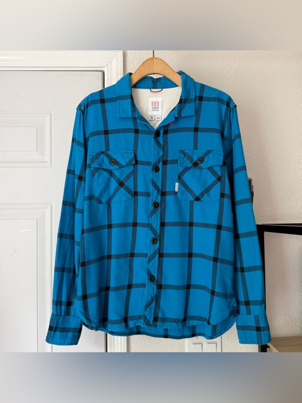 TOPO DESIGNS blue black windowpane‎ plaid organic cotton button up shirt